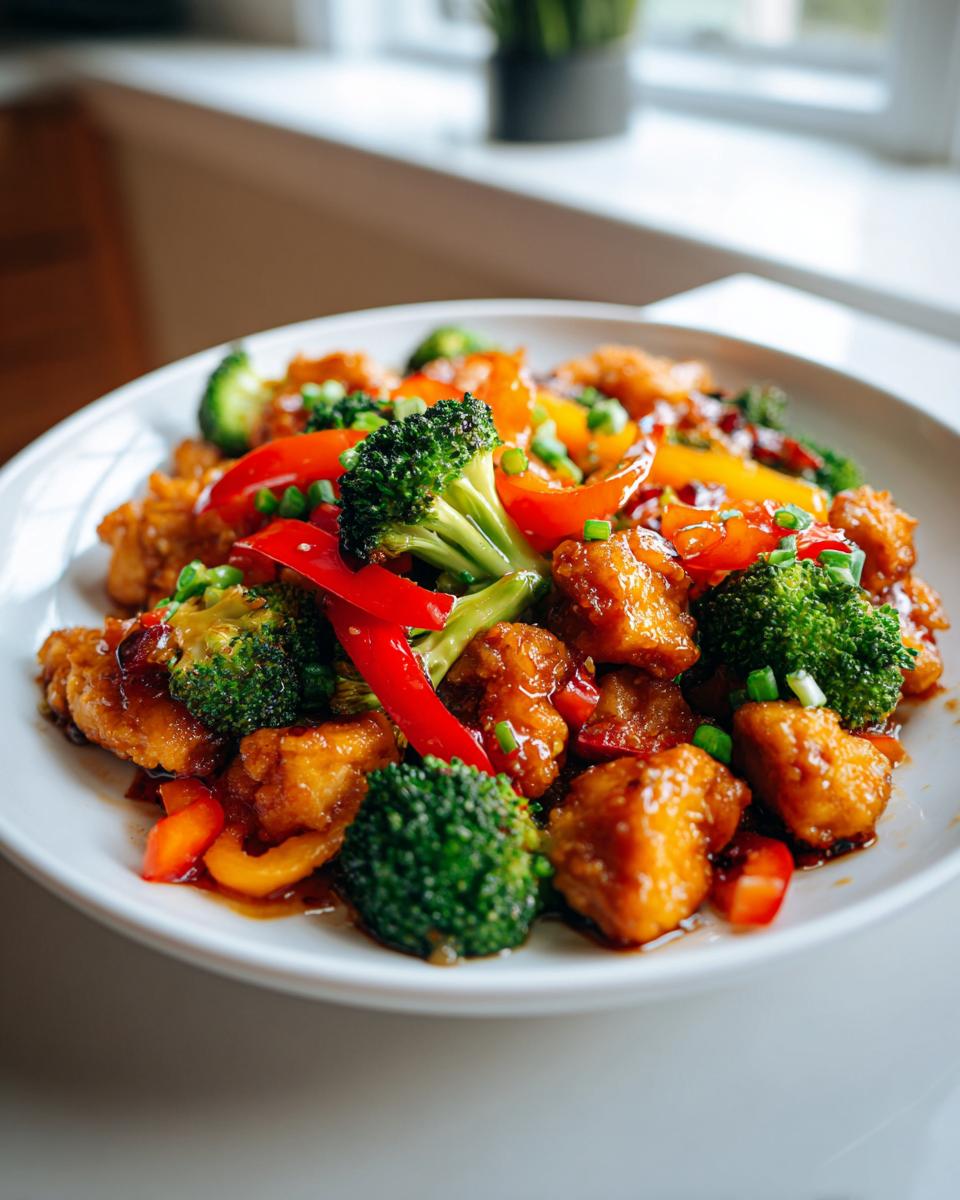 Plate of sweet and sour chicken stir-fry with broccoli and bell peppers, a perfect example of easy dinner recipes.