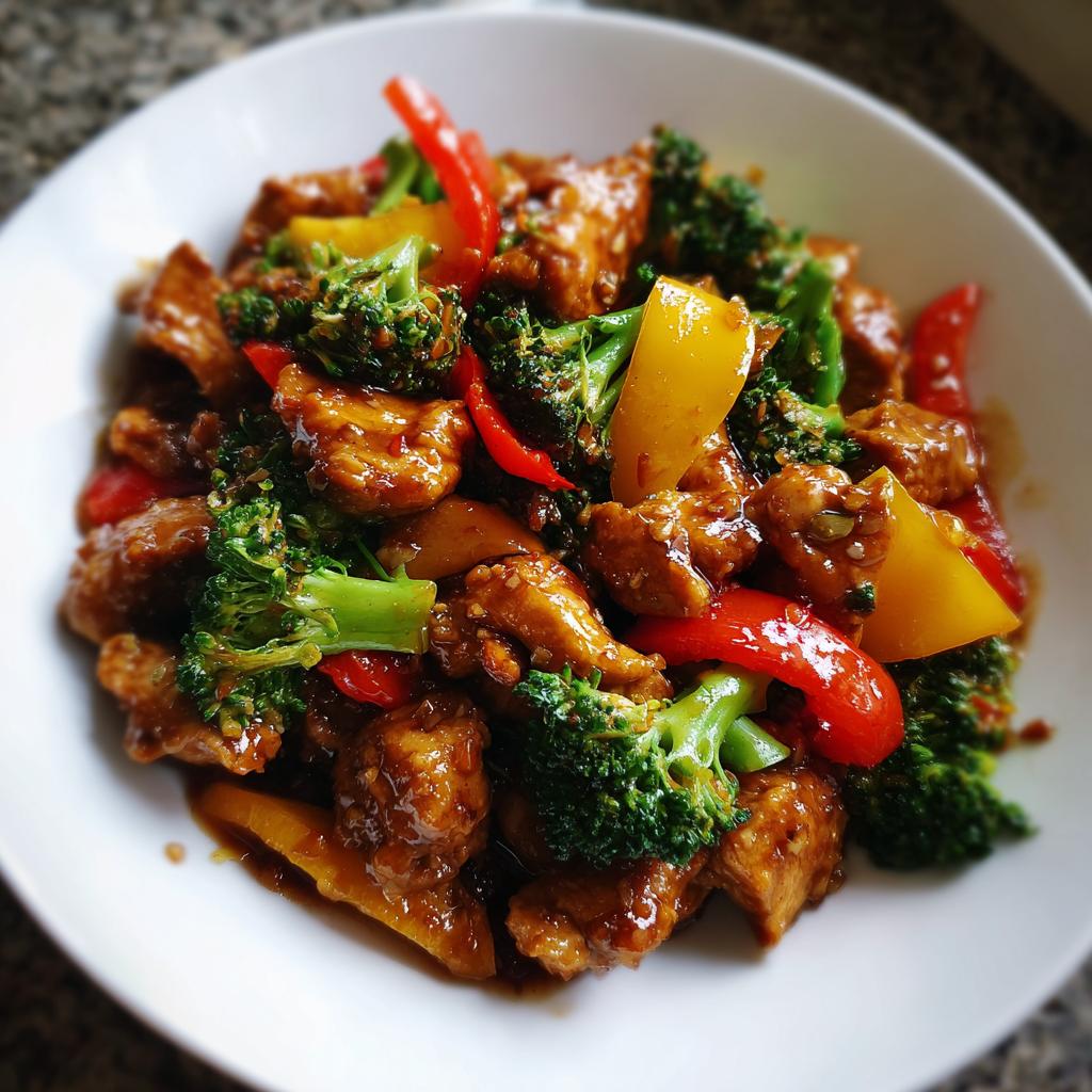 Close-up of a vibrant chicken and vegetable stir-fry, featuring broccoli, red, and yellow peppers, a perfect example of easy dinner recipes.