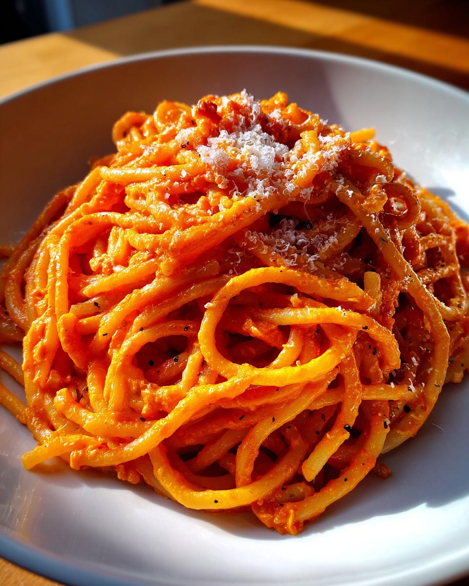 Close-up of a serving of Quick Creamy Tomato Garlic Pasta Dish topped with grated cheese.