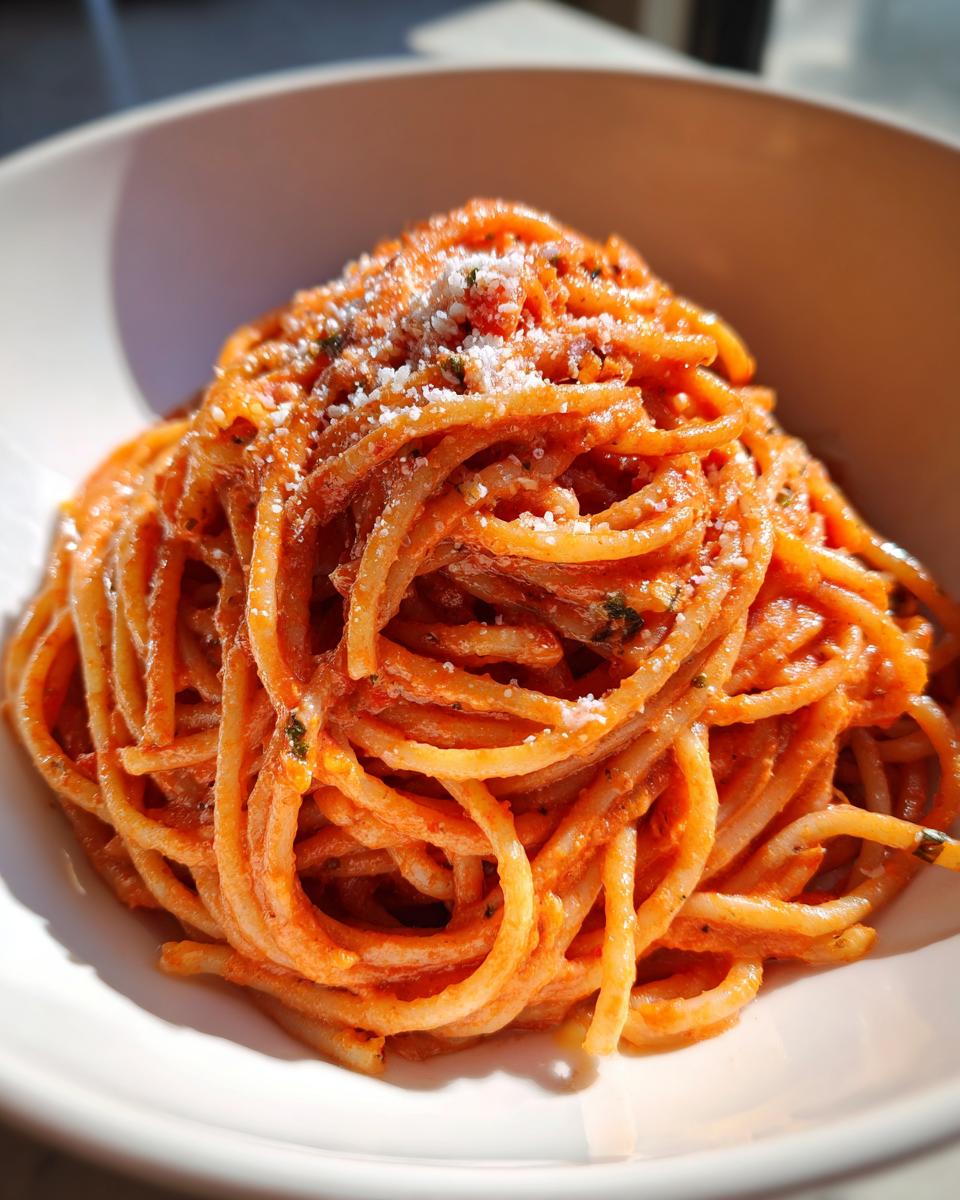 Close-up of spaghetti coated in a creamy tomato garlic sauce, topped with grated cheese.