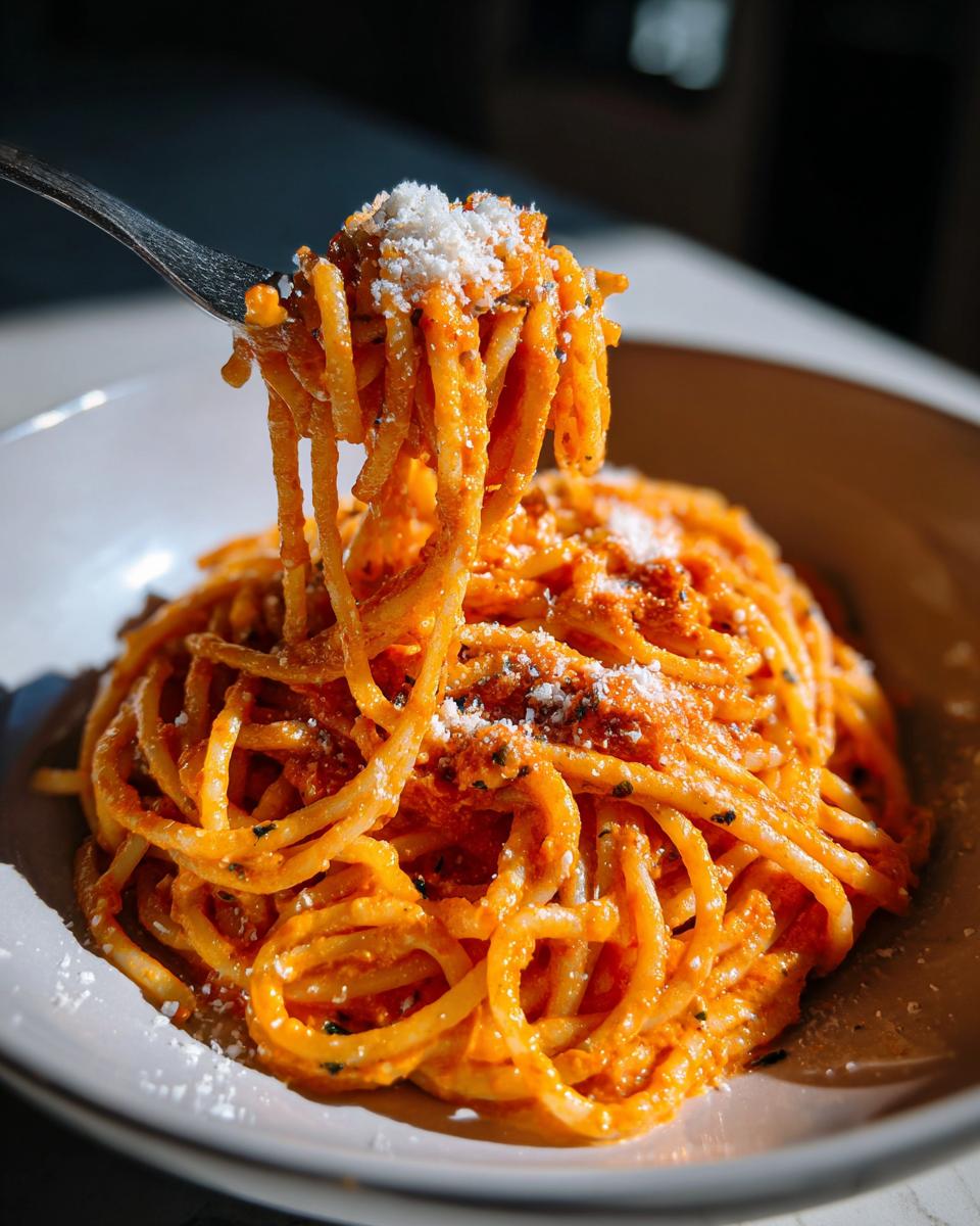 Close-up of spaghetti coated in creamy tomato garlic sauce being lifted by a fork, topped with Parmesan.