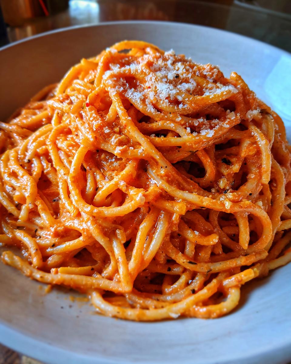 A close-up of a bowl filled with Quick Creamy Tomato Garlic Pasta Dish, topped with grated cheese.