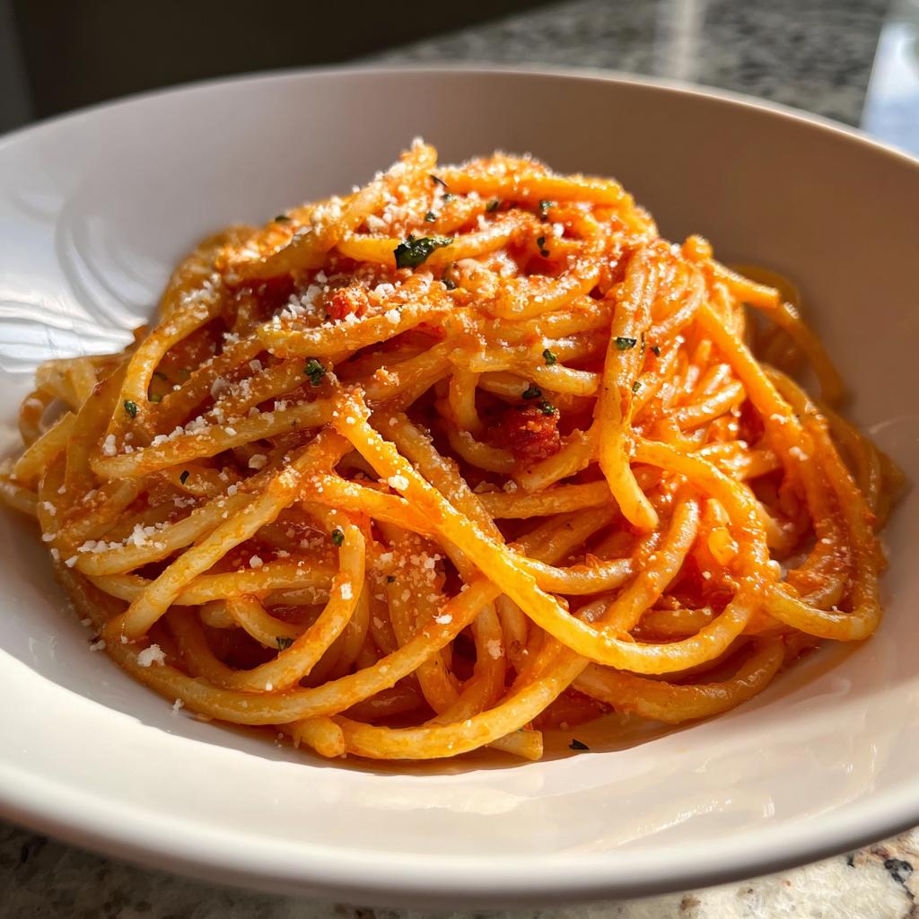 Close-up of a bowl of Quick Creamy Tomato Garlic Pasta Dish coated in rich sauce and topped with grated cheese.