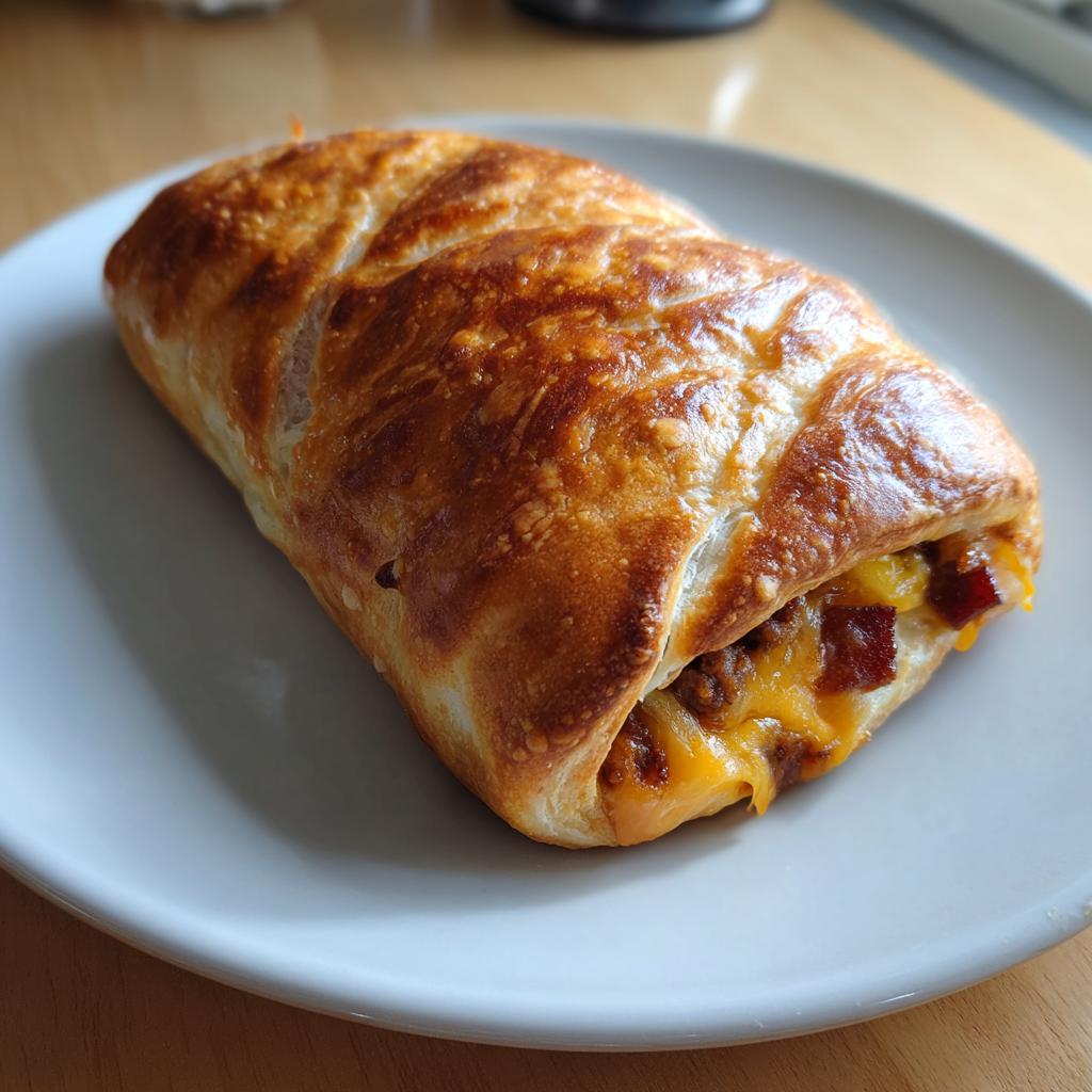 A freshly baked Sausage Egg Breakfast Roll with a flaky, golden crust, showing melted cheese and filling inside.