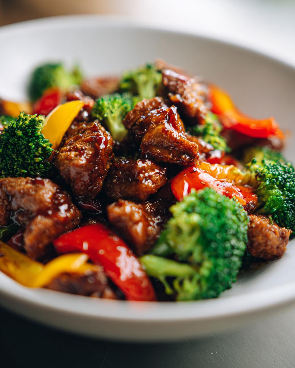 Close-up of a quick dinner idea: glossy beef and broccoli stir-fry with red and yellow peppers.