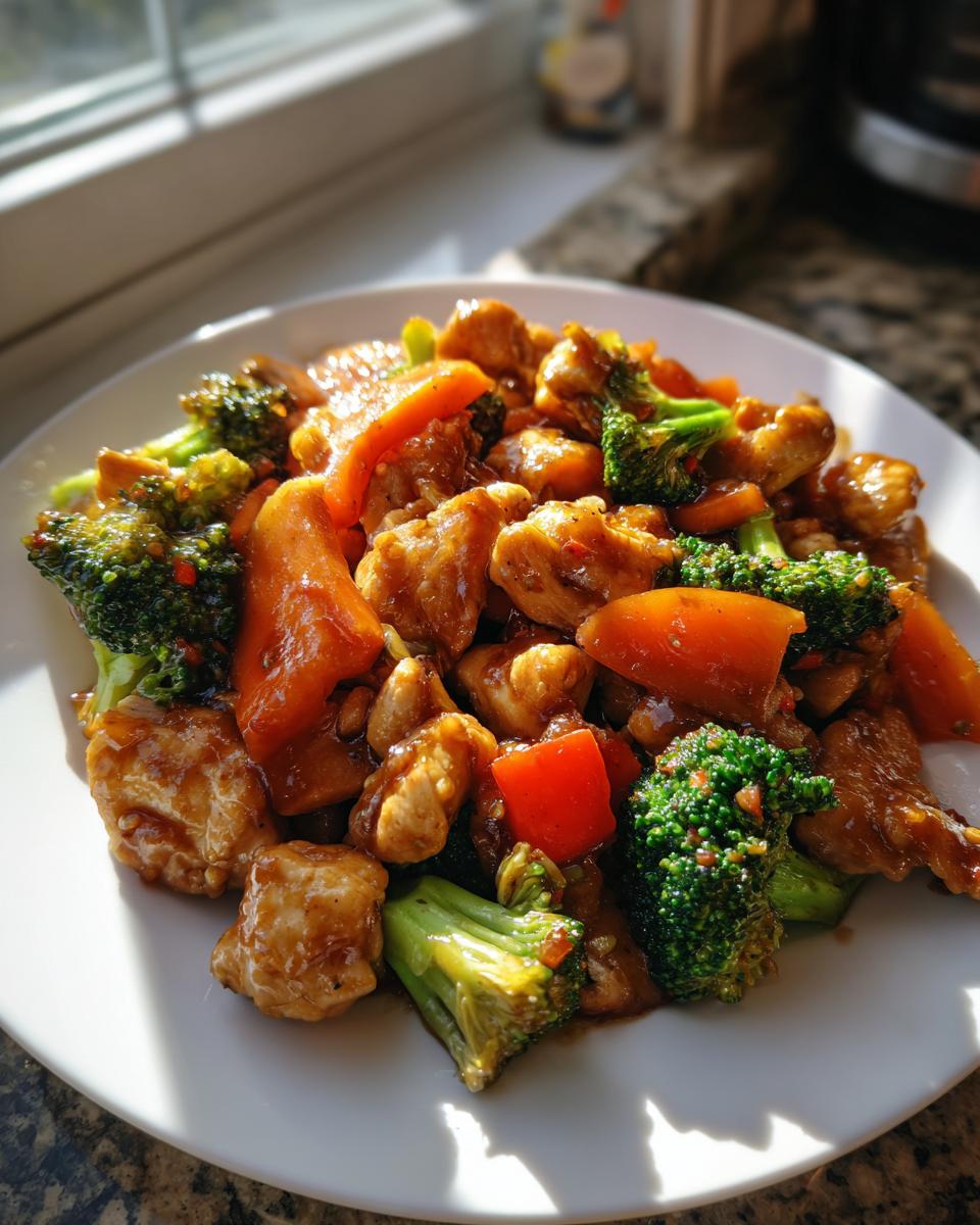 A plate of glossy chicken and vegetable stir-fry, featuring broccoli and orange peppers, perfect for Quick Dinner Ideas.