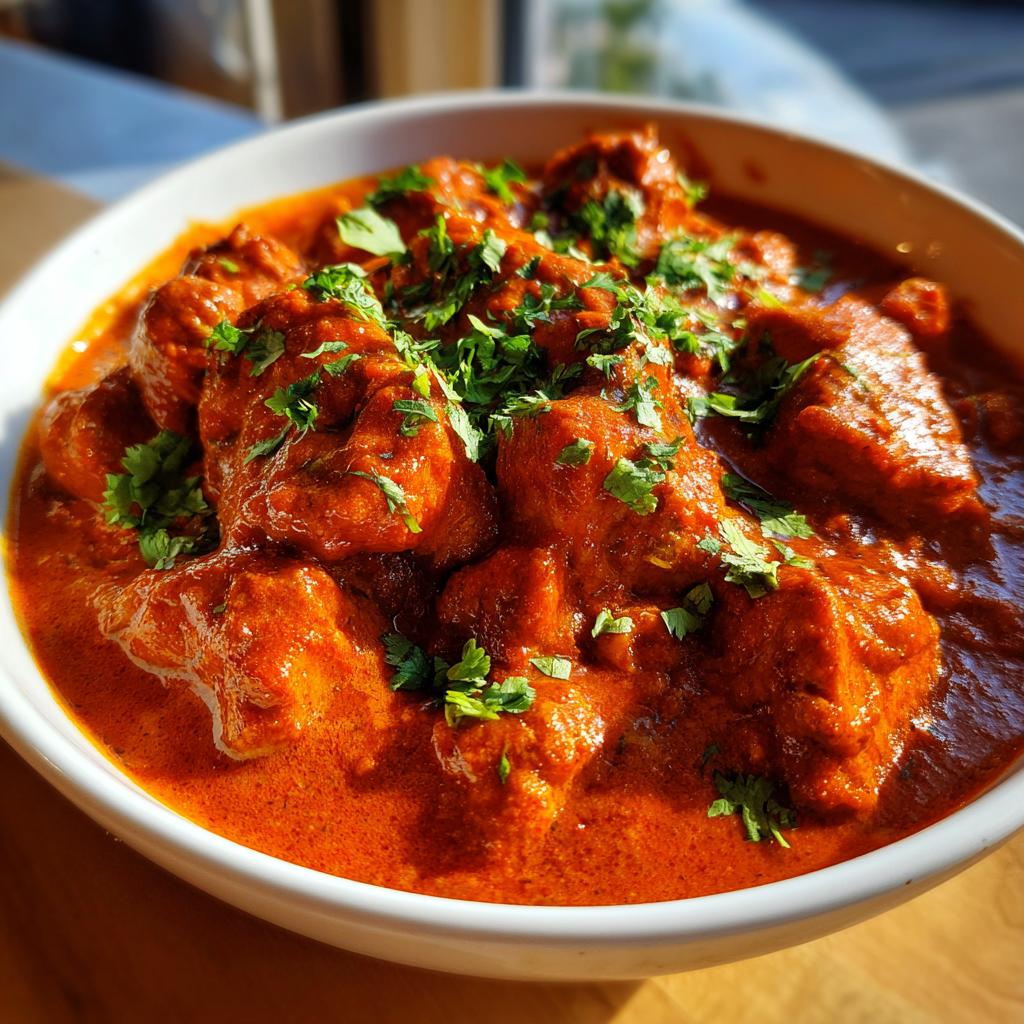 Close-up of tender chicken pieces in a rich, creamy, orange-red sauce, garnished with fresh cilantro, representing Quick & Easy Homemade Butter Chicken.