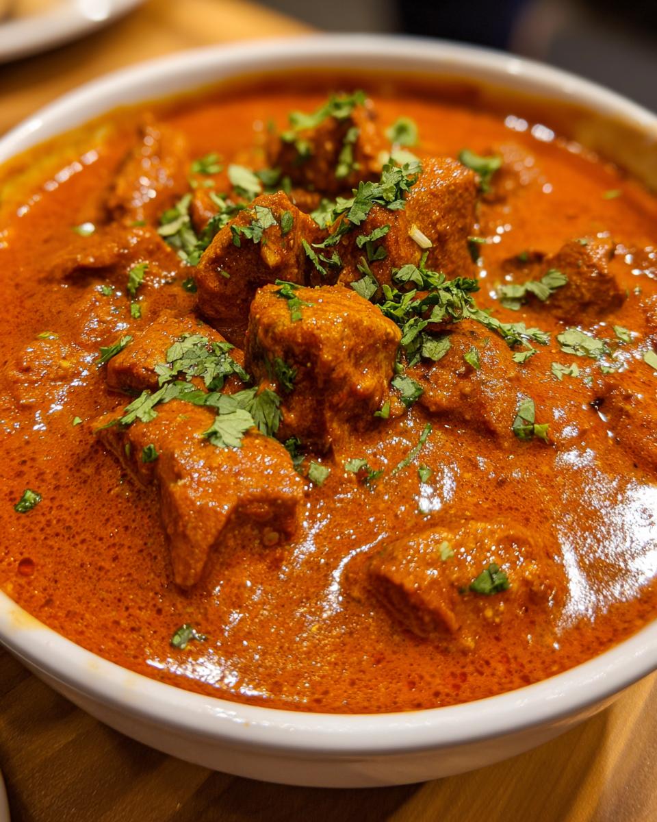 Close-up of rich, creamy orange-red Quick & Easy Homemade Butter Chicken garnished with fresh cilantro.
