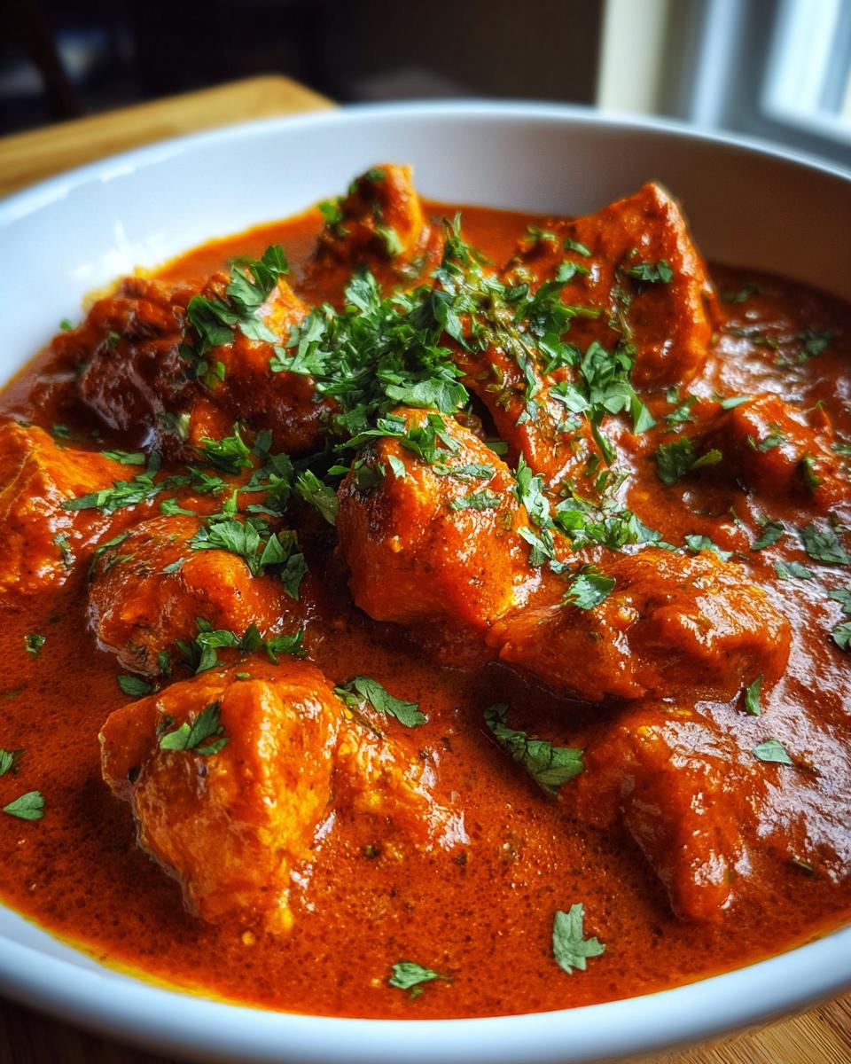 Close-up of tender chicken pieces swimming in a rich, creamy orange-red sauce, garnished with fresh cilantro for Quick & Easy Homemade Butter Chicken.