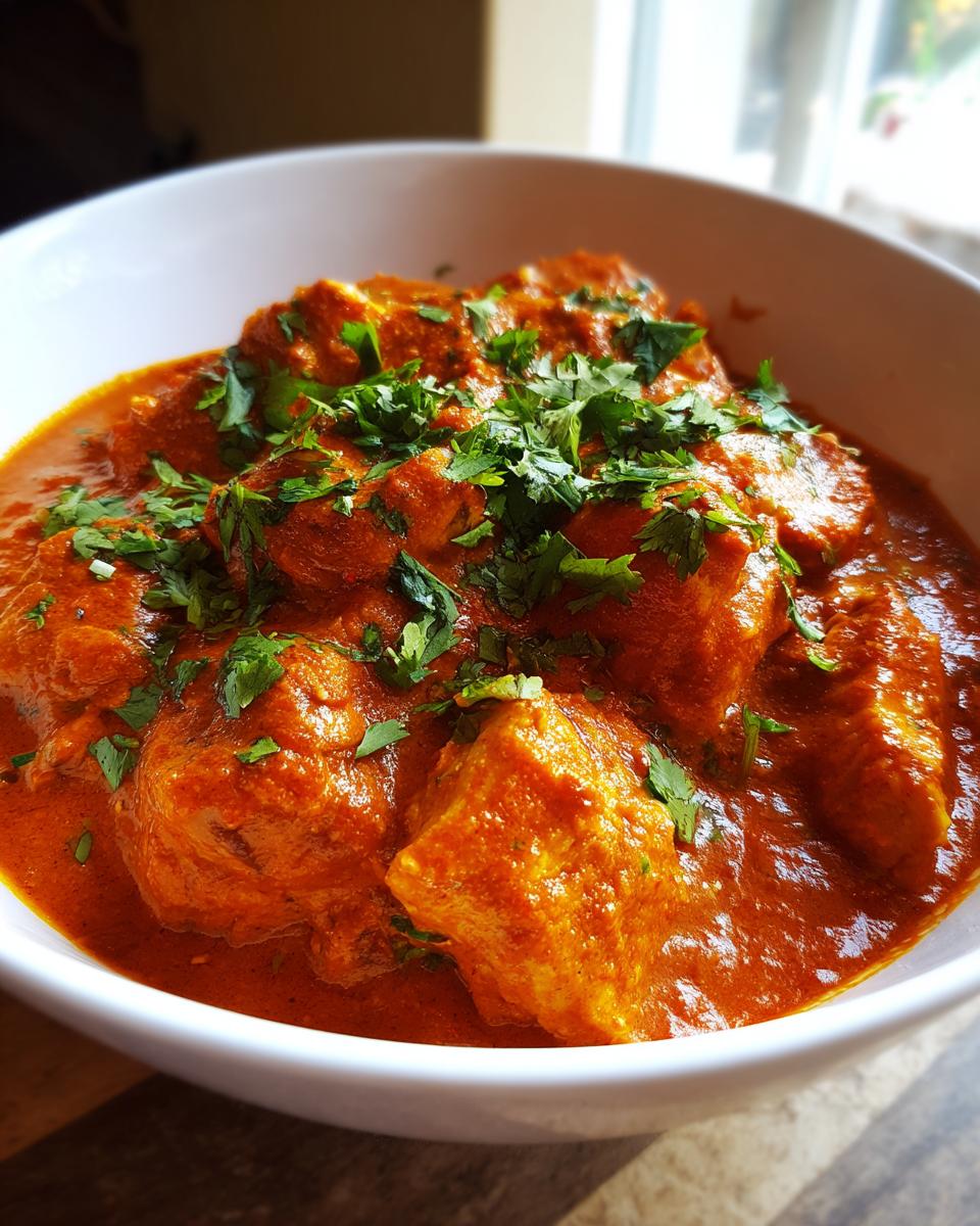 Close-up of a white bowl filled with rich, orange-red Quick & Easy Homemade Butter Chicken, garnished with fresh cilantro.