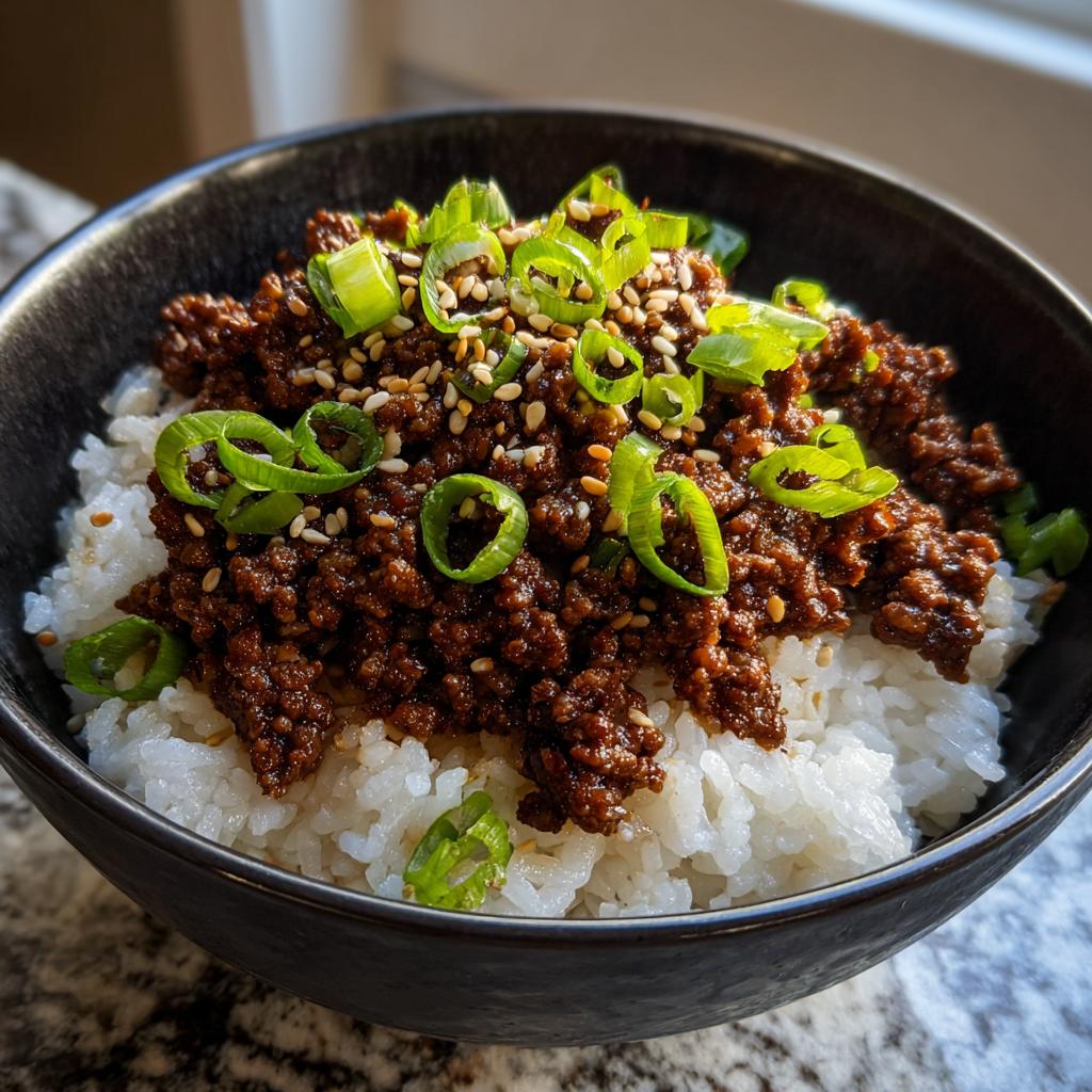 Close-up of a Quick & Easy Korean Ground Beef Bowl served over white rice, topped with green onions and sesame seeds.