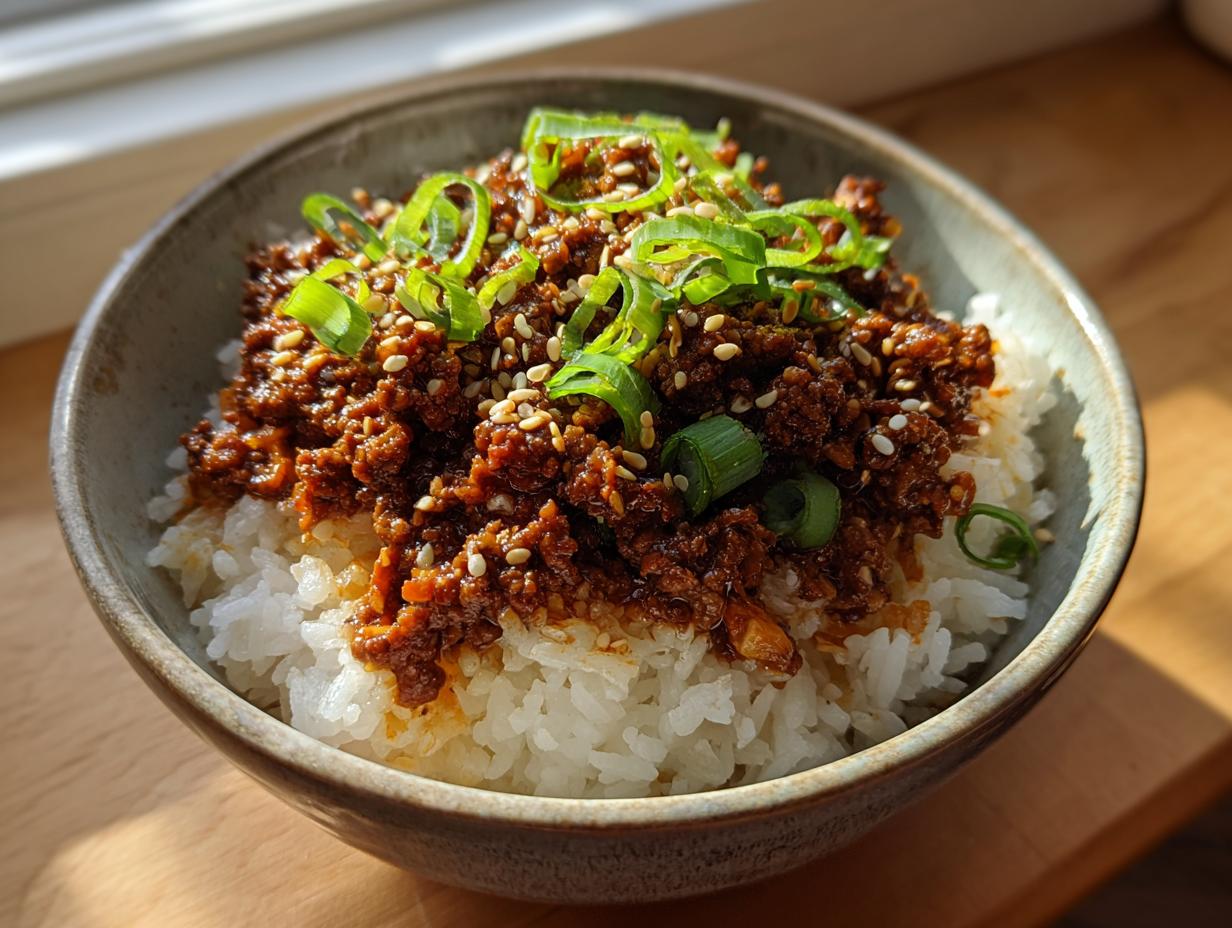 A close-up of a Quick & Easy Korean Ground Beef Bowl served over white rice, topped with sesame seeds and green onions.