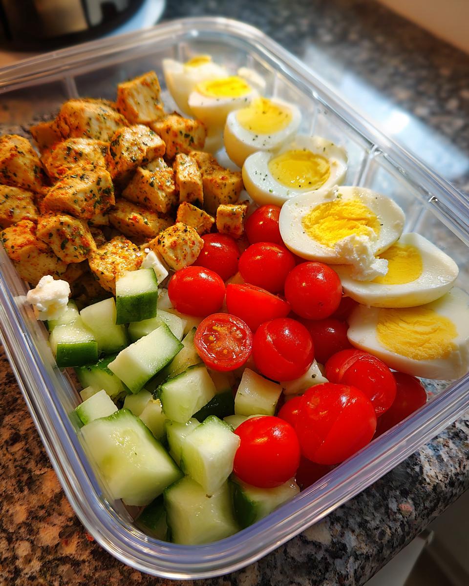 Overhead view of a Quick High-Protein Lunch Box containing seasoned chicken cubes, hard-boiled egg halves, cherry tomatoes, and chopped cucumber.