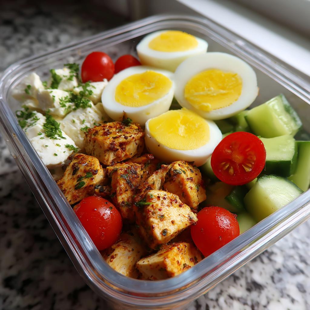 Overhead view of a Quick High-Protein Lunch Box containing seasoned chicken, hard-boiled eggs, feta, and vegetables.