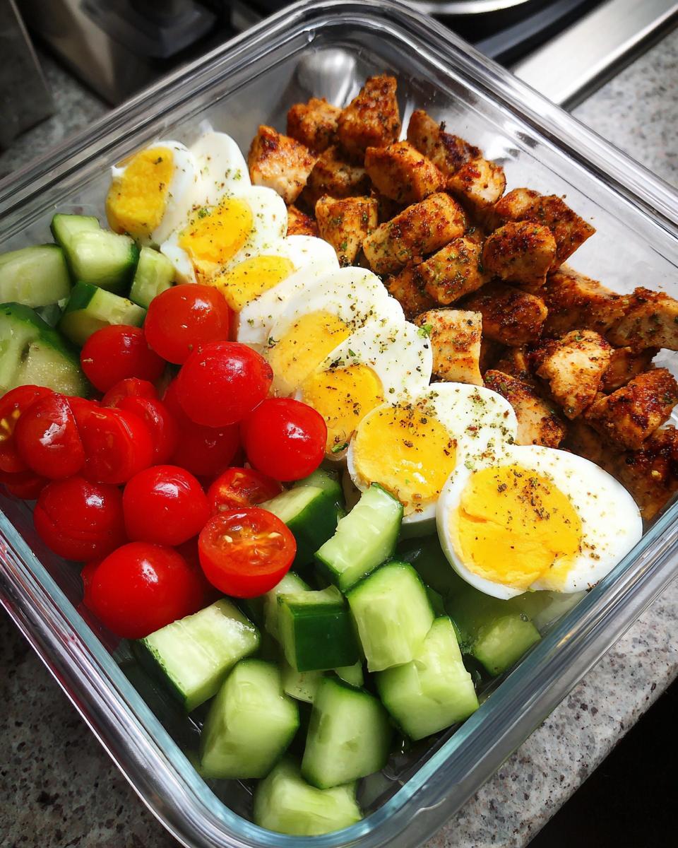 Glass container holding a Quick High-Protein Lunch Box with seasoned chicken, sliced hard-boiled eggs, cherry tomatoes, and cucumber chunks.