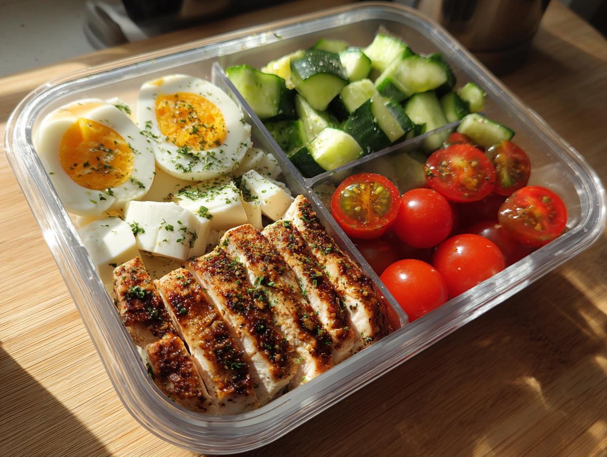 A clear, sectioned container holding a Quick High-Protein Lunch Box with sliced grilled chicken, hard-boiled eggs, cheese cubes, cucumbers, and cherry tomatoes.