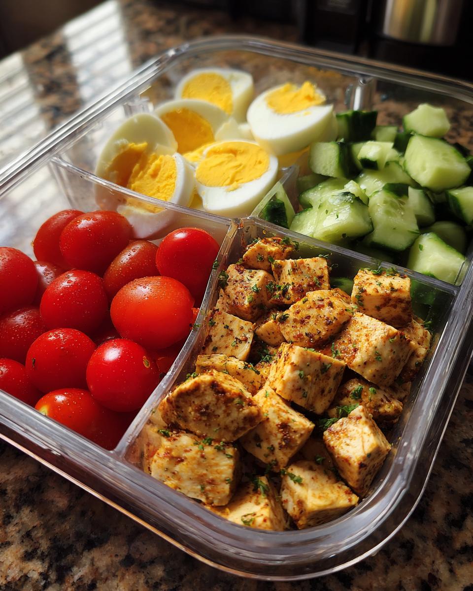 A clear container showing components of a Quick High-Protein Lunch Box: hard-boiled eggs, cherry tomatoes, cucumber chunks, and seasoned tofu cubes.