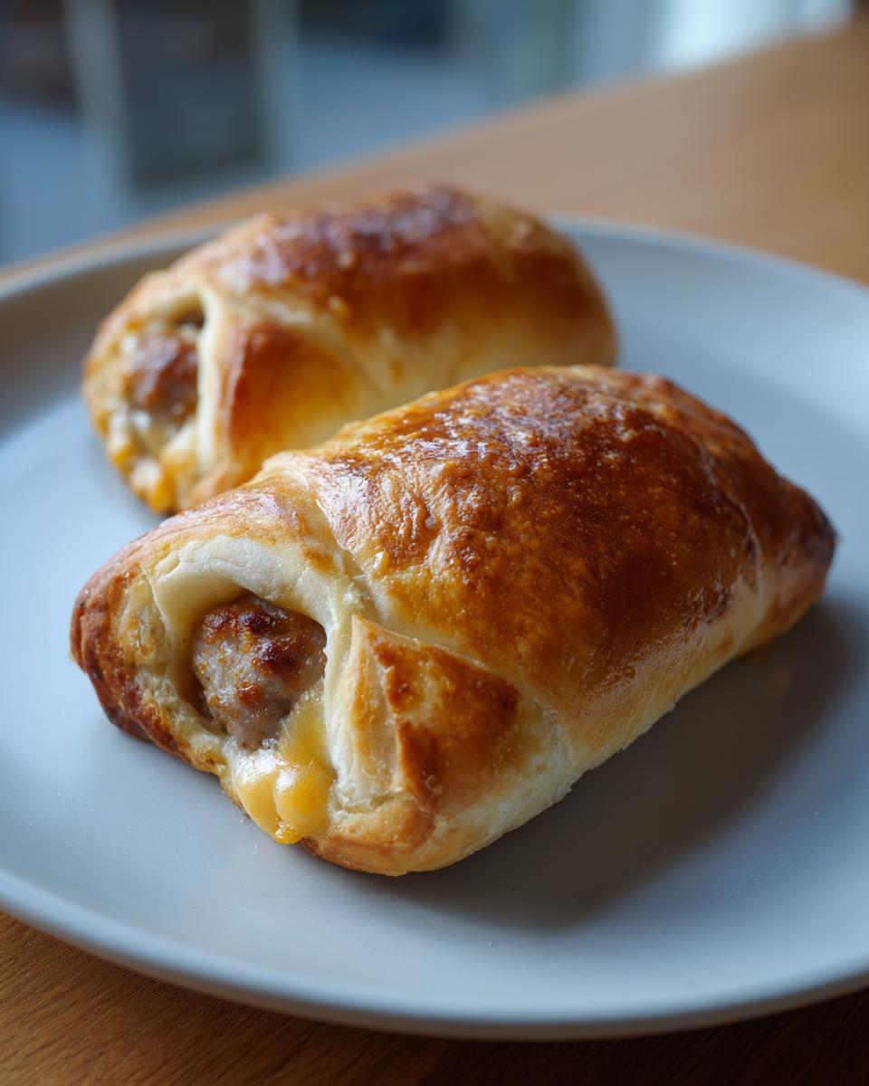 Two golden-brown Sausage Egg Breakfast Rolls with melted cheese, served on a light grey plate.