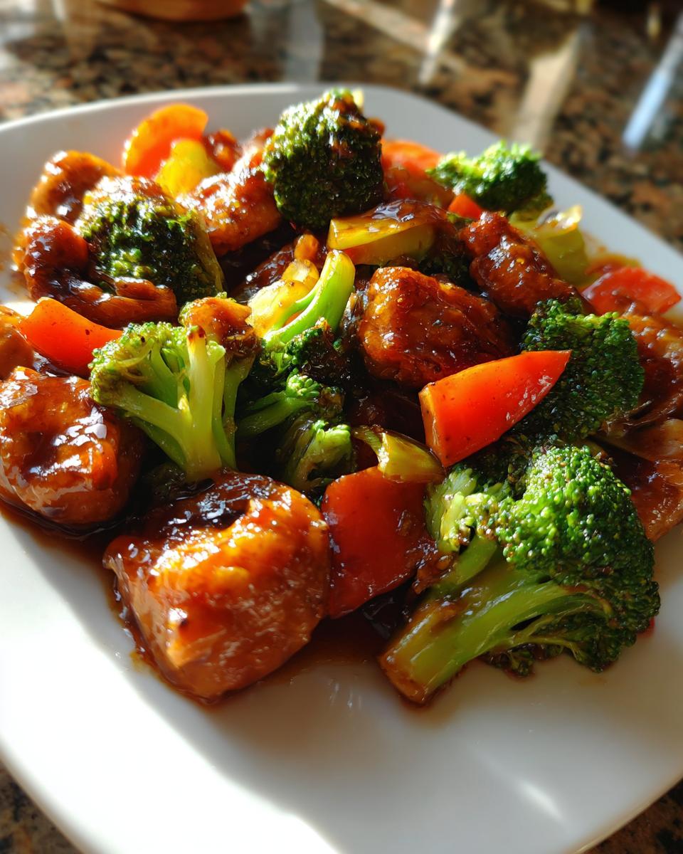Close-up of a quick stir-fry with glazed chicken pieces, bright green broccoli, and red peppers, perfect for What To Cook For Dinner Tonight.
