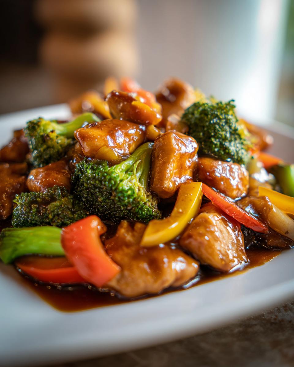 Close-up of a quick chicken and broccoli stir-fry with bell peppers in a savory brown sauce, perfect for dinner tonight.