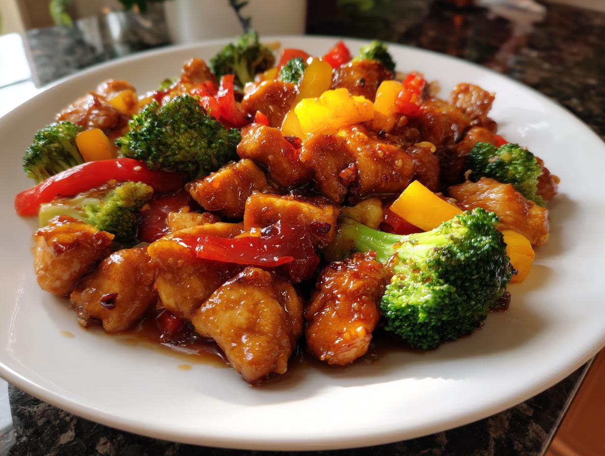 A plate of glistening orange chicken stir-fry with bright green broccoli and colorful bell peppers, perfect for easy dinner recipes.