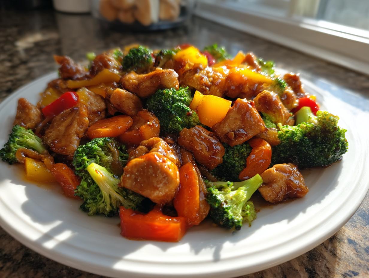 A plate of glossy chicken and vegetable stir-fry, perfect for Quick Dinner Ideas for Your Busy Weeknights.