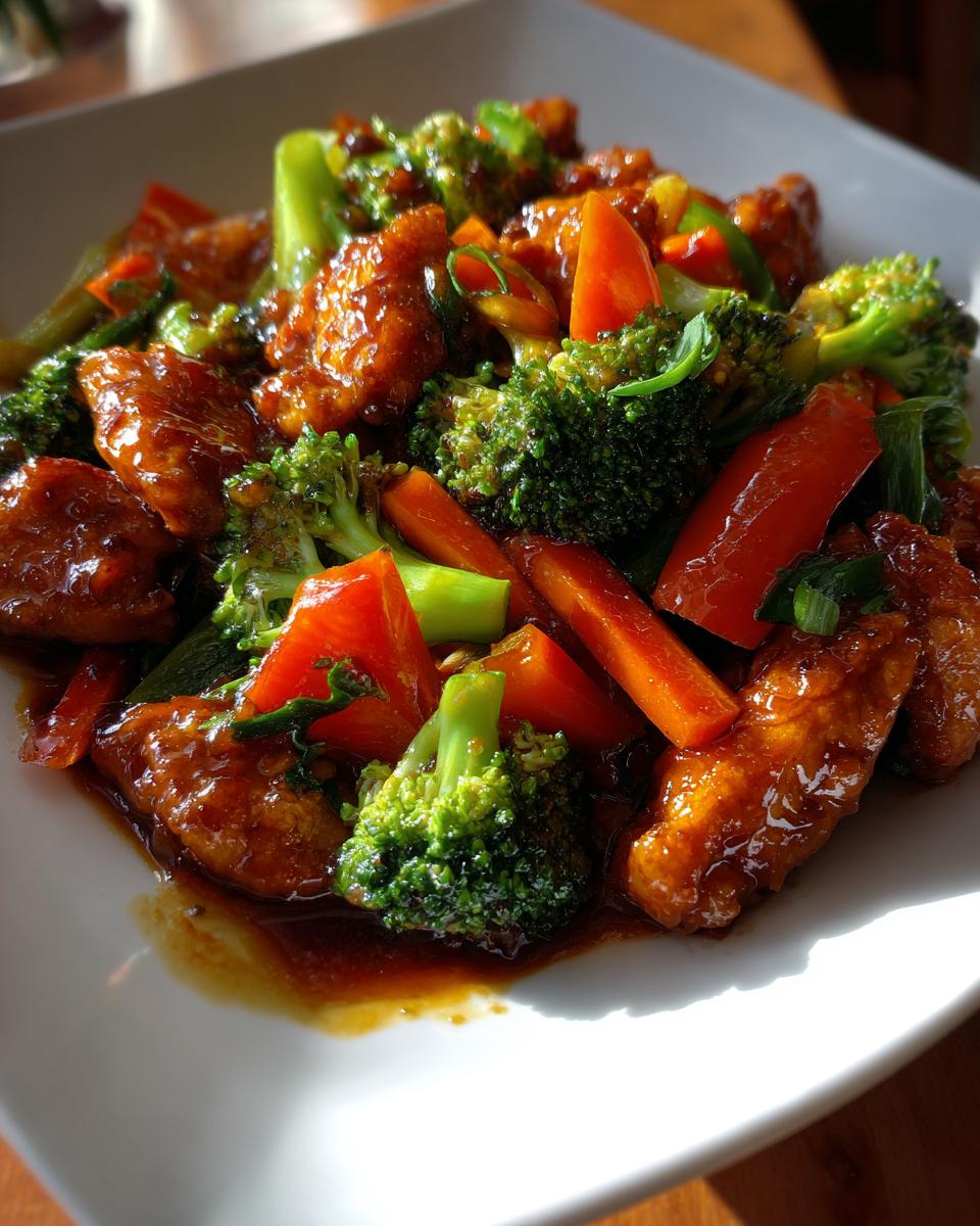 Close-up of a quick stir-fry with crispy chicken, broccoli, and carrots in a savory sauce, perfect for What To Cook For Dinner Tonight?