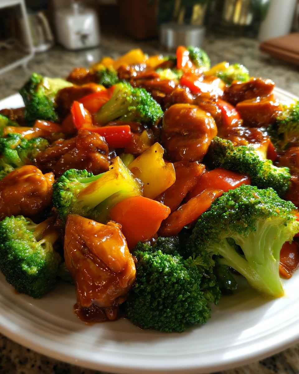 Close-up of a plate with quick chicken and broccoli stir fry, perfect for dinner tonight.