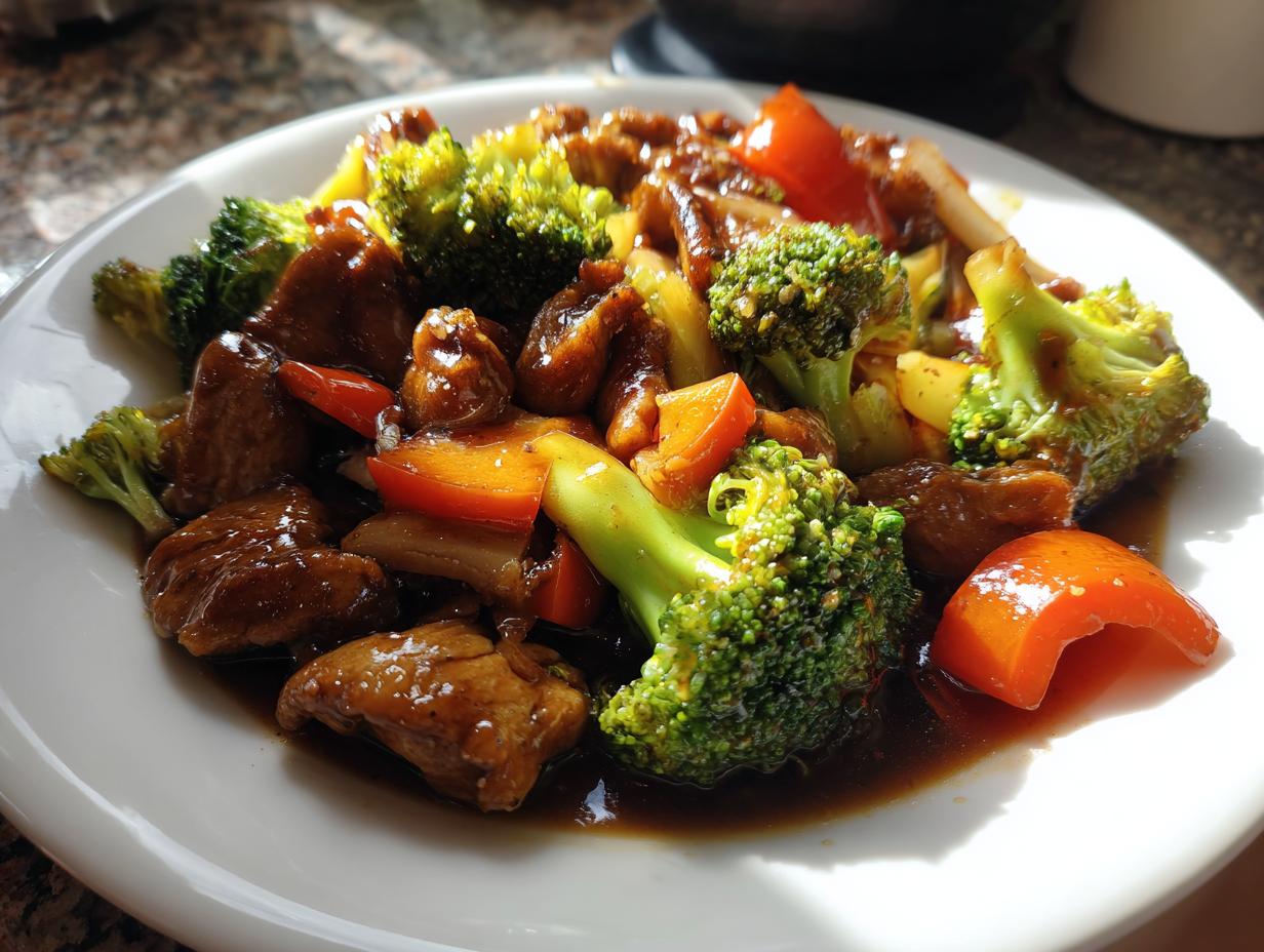 A bright, close-up photo of a quick stir-fry with beef, broccoli, and peppers, perfect for What To Cook For Dinner Tonight.