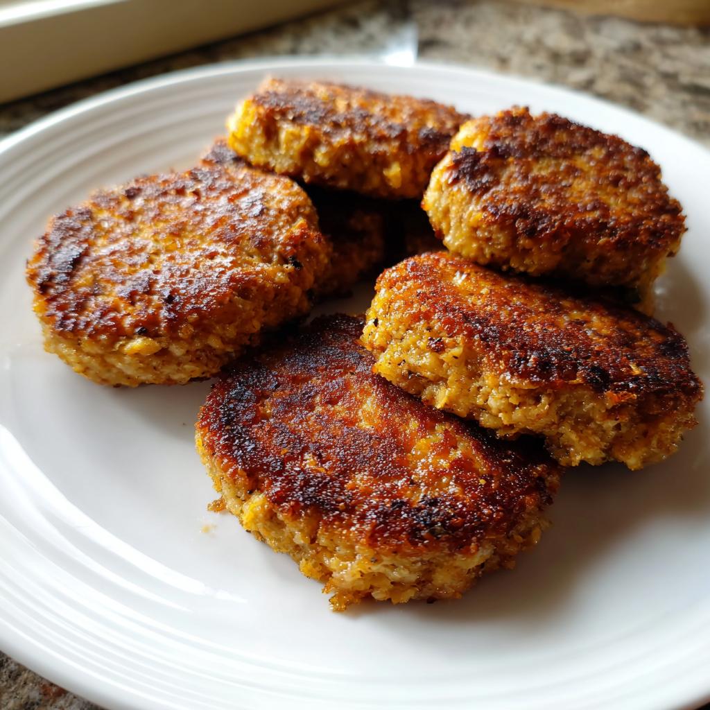 Five golden-brown, pan-fried Quick Tuna Patties stacked slightly on a white plate.