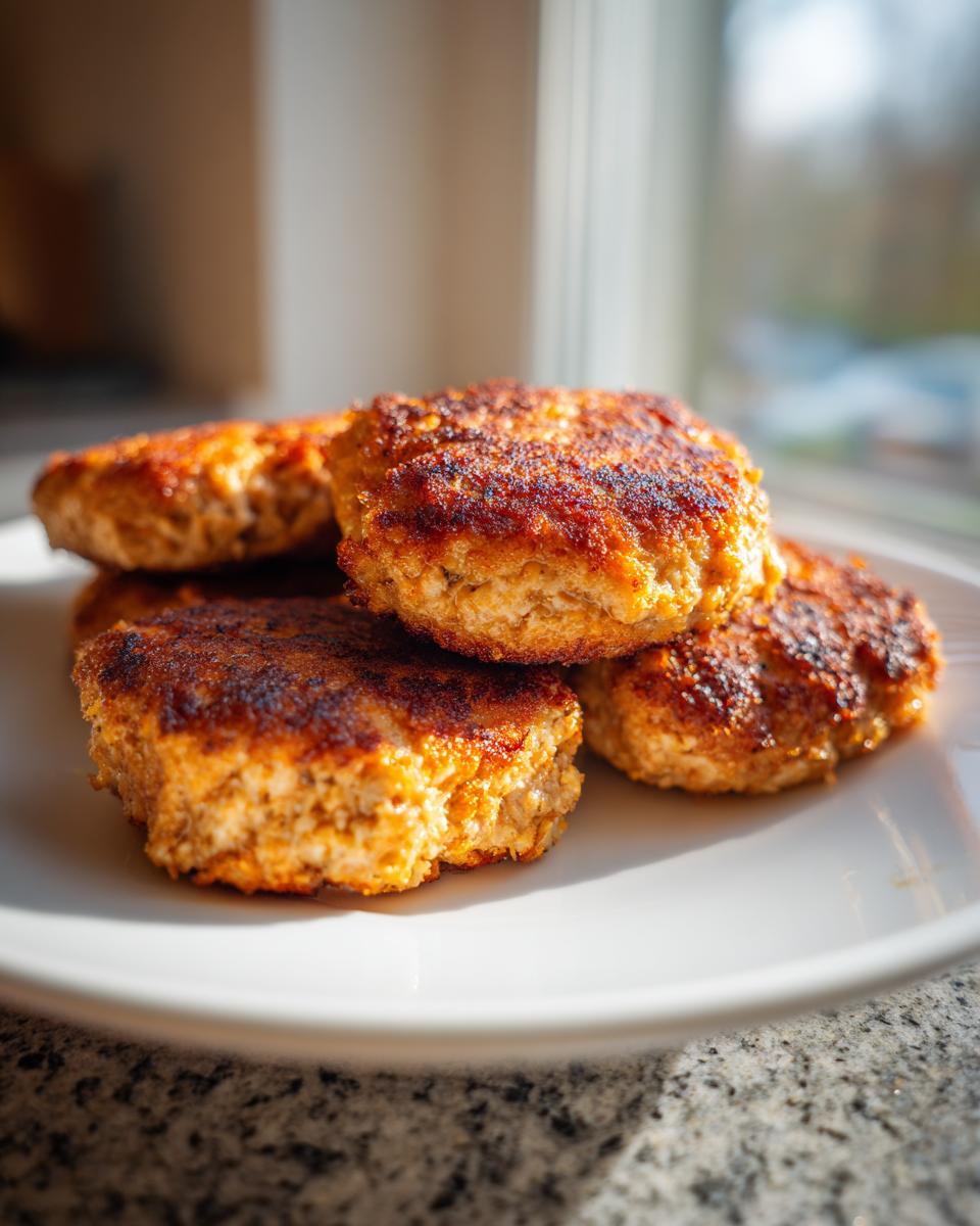 Four golden-brown, perfectly seared Quick Tuna Patties stacked on a white plate, illuminated by natural light.