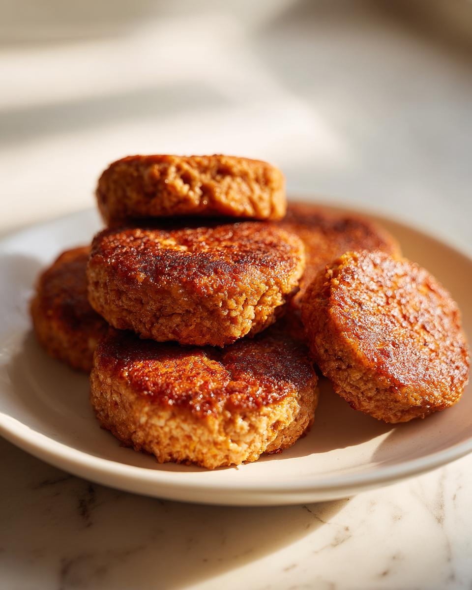 A stack of golden-brown, pan-seared Quick Tuna Patties resting on a light-colored plate.