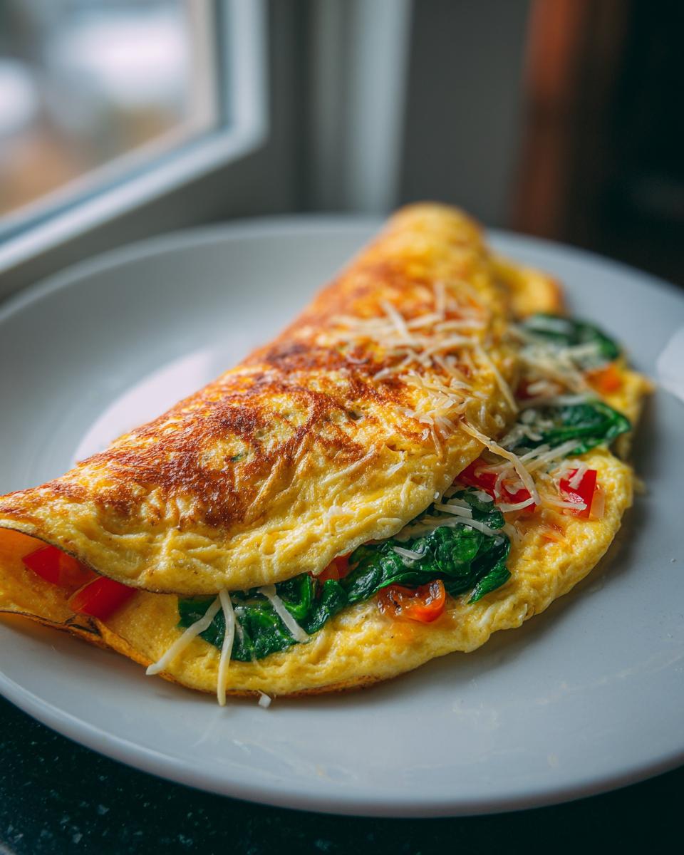 A folded Quick Veggie Omelette filled with spinach and tomatoes, topped with shredded cheese, served on a white plate.