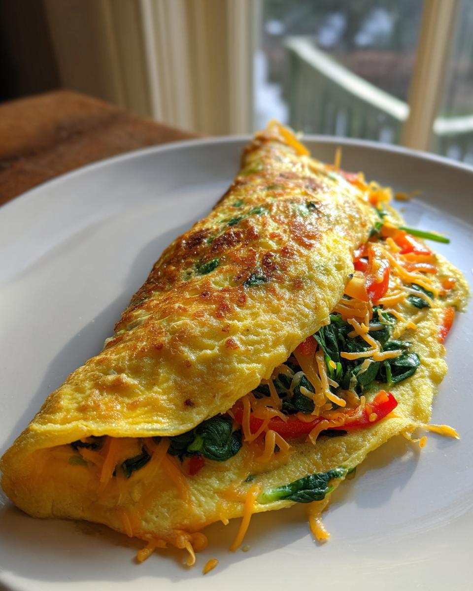 A folded, golden Quick Veggie Omelette filled with spinach, red peppers, and shredded cheese on a white plate.