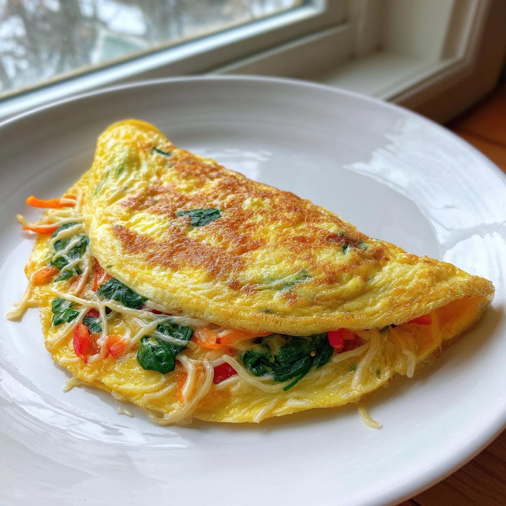 A perfectly folded Quick Veggie Omelette filled with spinach, shredded carrots, peppers, and cheese on a white plate.