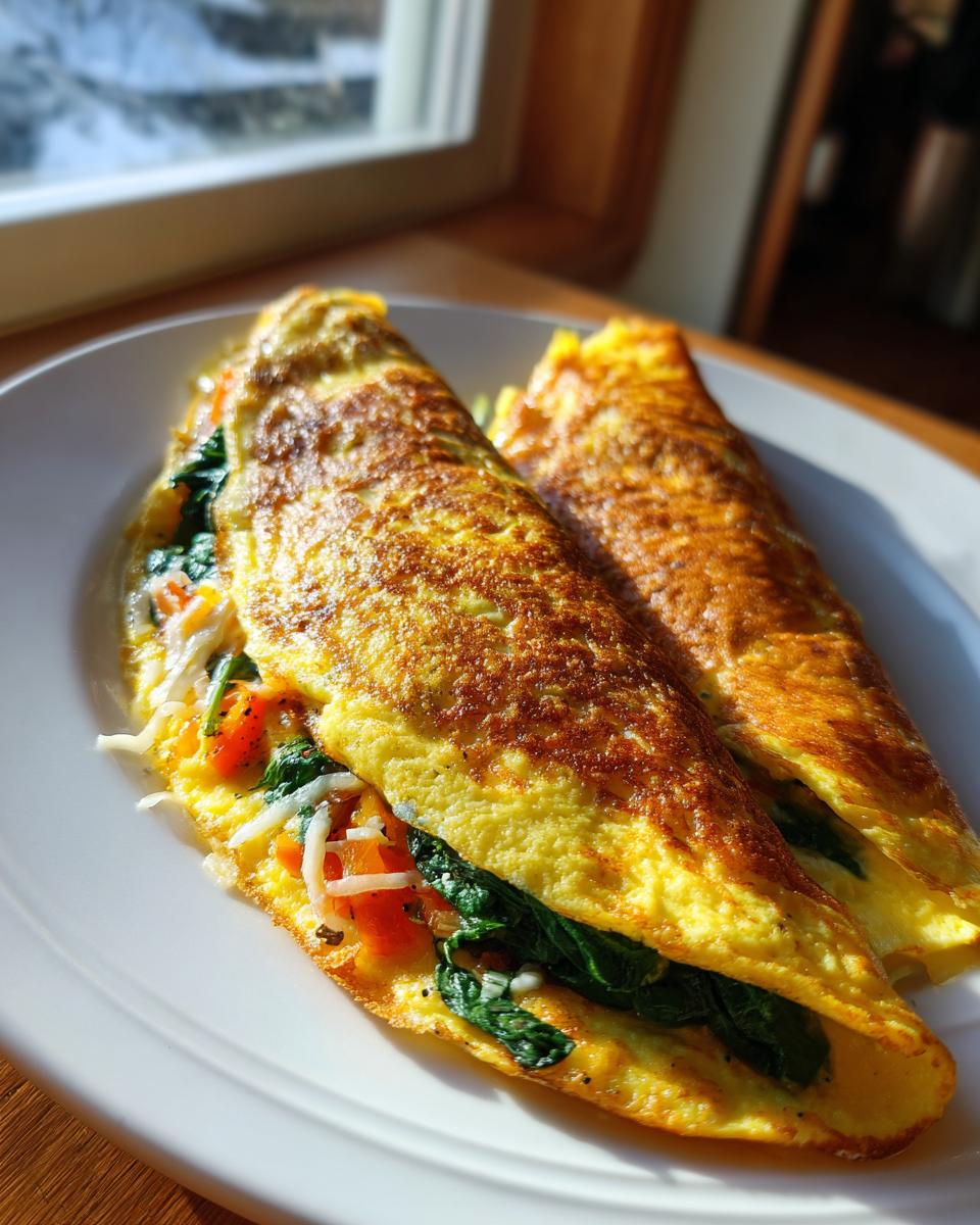 Two golden-brown Quick Veggie Omelettes filled with spinach, peppers, and cheese on a white plate.