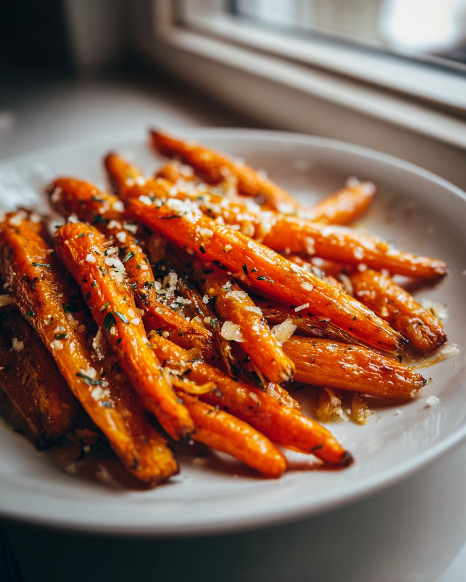 Close-up of perfectly Roasted Garlic Parmesan Carrots sprinkled with cheese and herbs on a white dish.