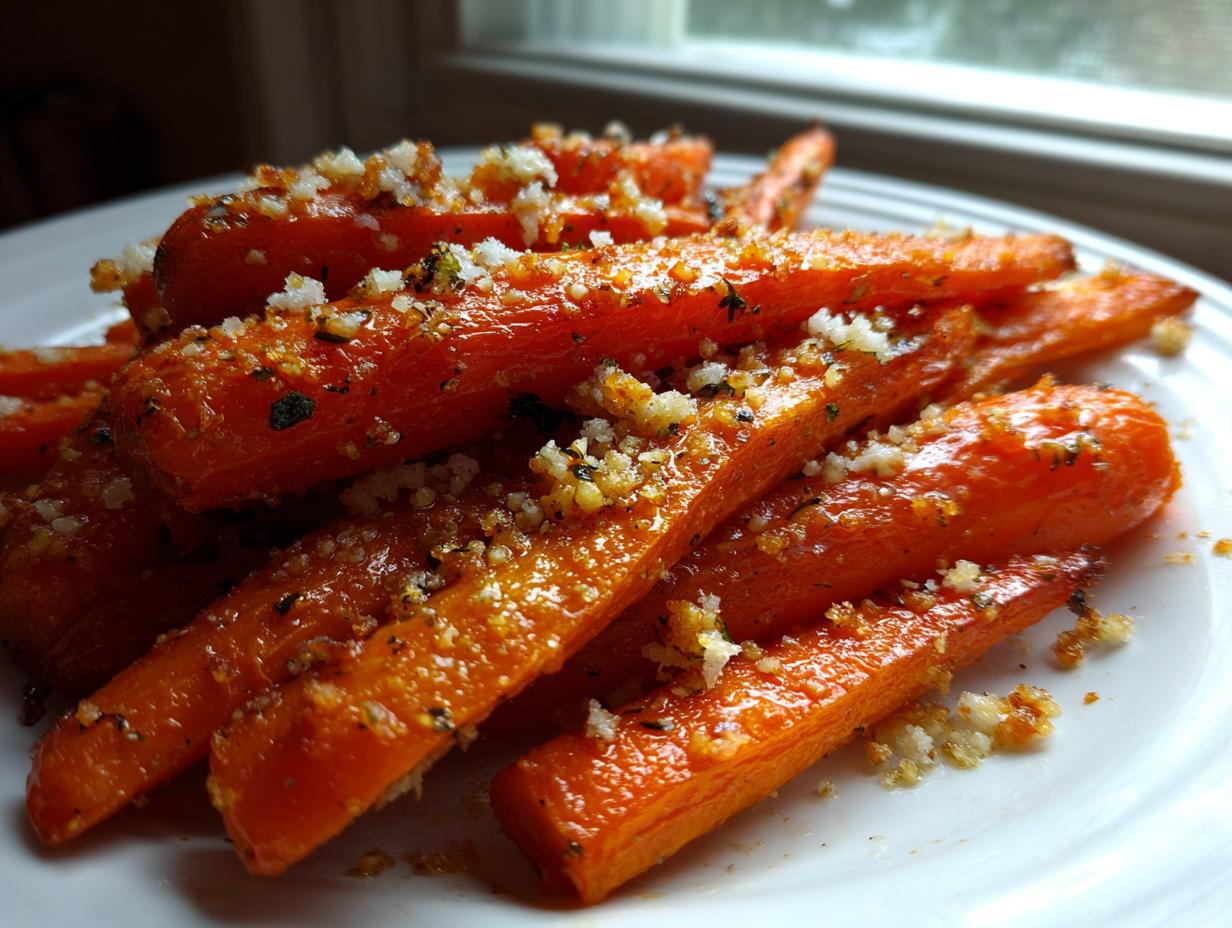 Close-up of bright orange Roasted Garlic Parmesan Carrots piled on a white plate, glistening with glaze and topped with Parmesan.
