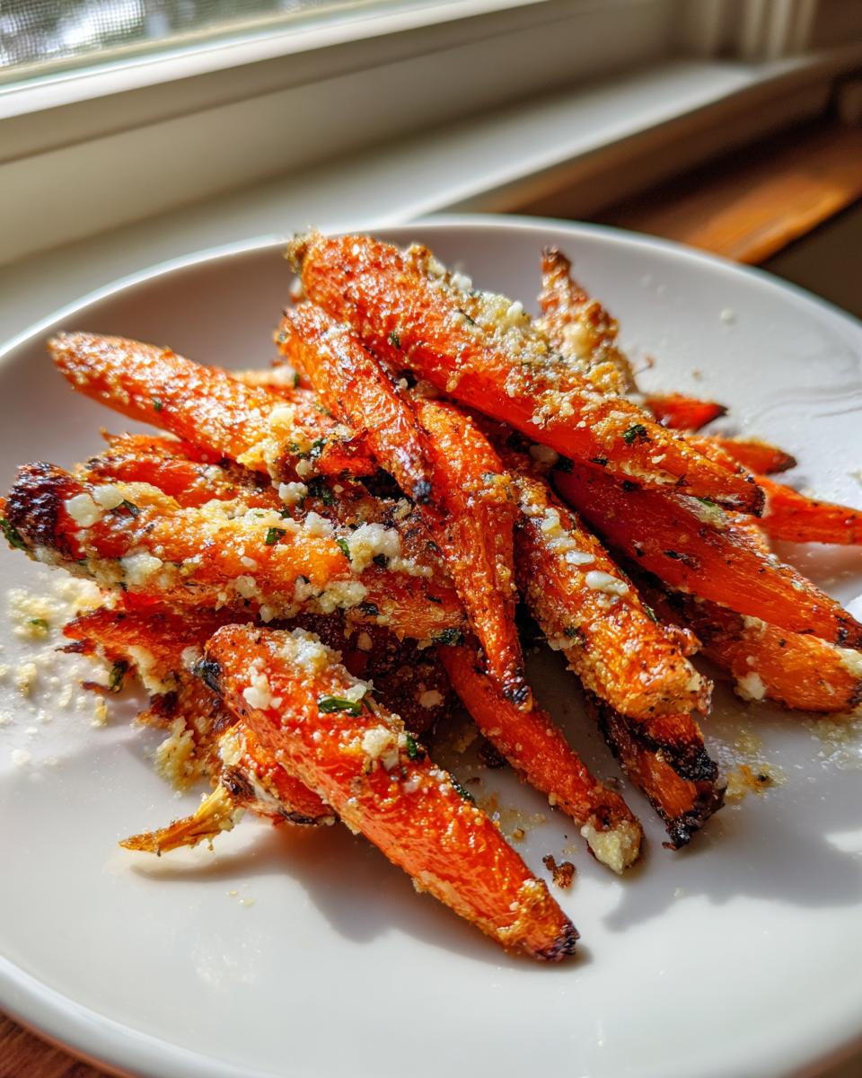 Close-up of bright orange Roasted Garlic Parmesan Carrots piled on a white plate, catching sunlight.