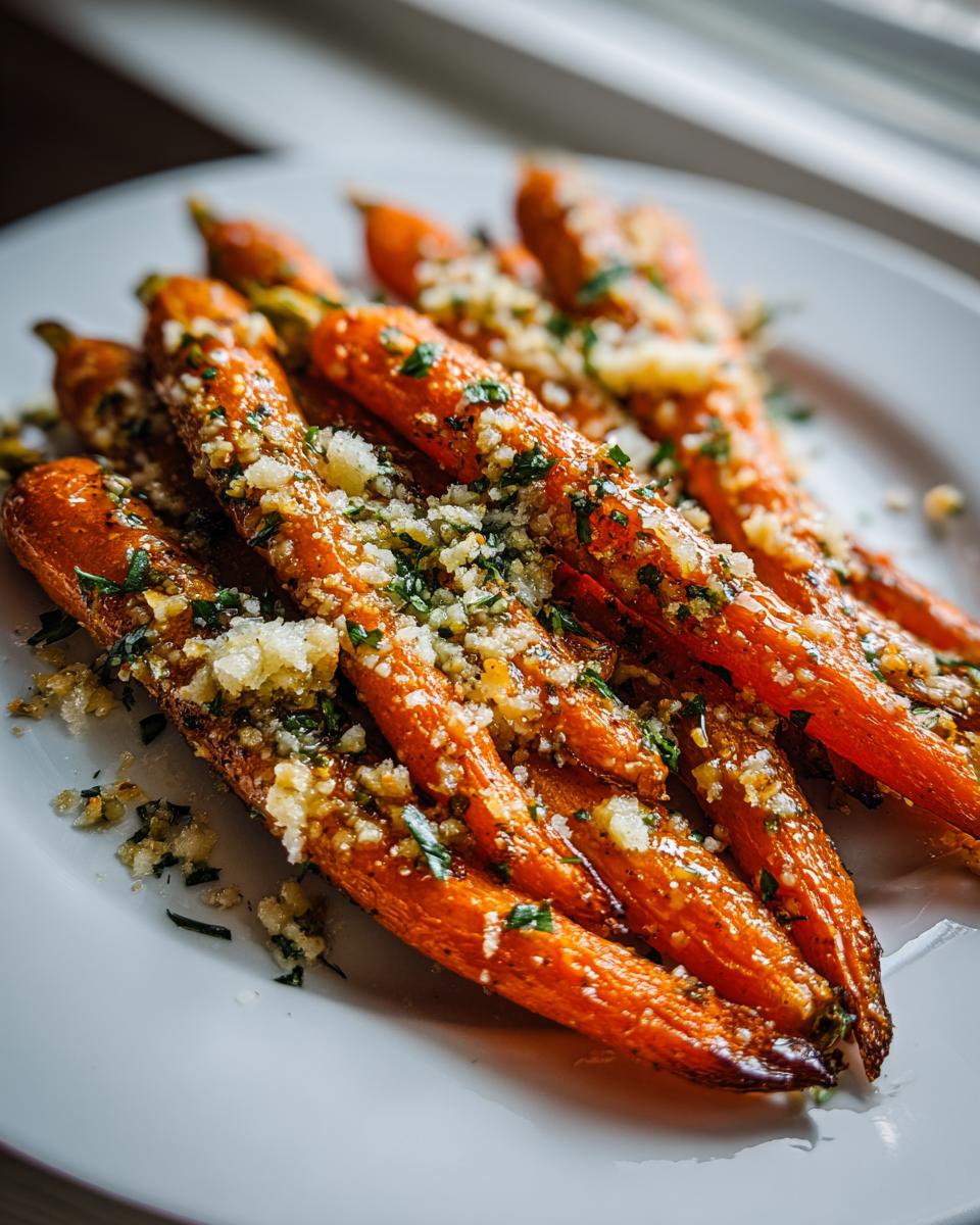 Close-up of perfectly roasted garlic parmesan carrots topped with grated cheese and herbs on a white plate.