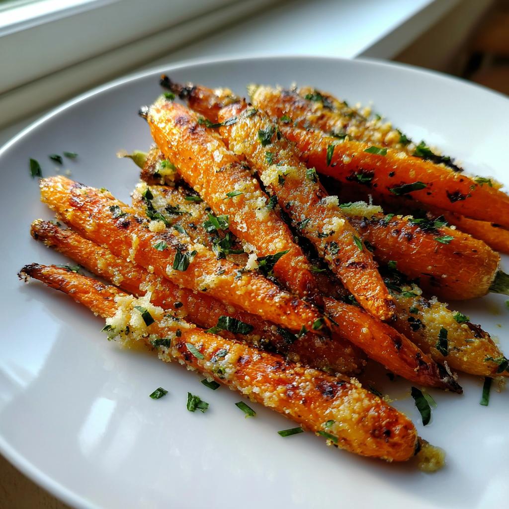 A pile of perfectly Roasted Garlic Parmesan Carrots, glistening and topped with grated cheese and fresh herbs.