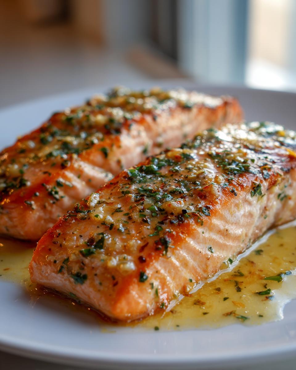 Two perfectly cooked fillets of Romantic Garlic Butter Salmon Dinner for Two, glistening with butter sauce and herbs.