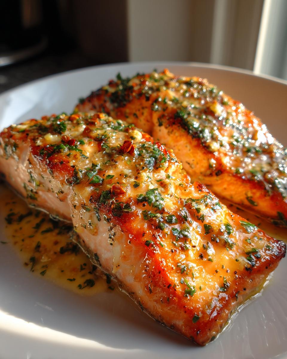 Two perfectly cooked fillets of Romantic Garlic Butter Salmon Dinner for Two, glistening with butter sauce and herbs.