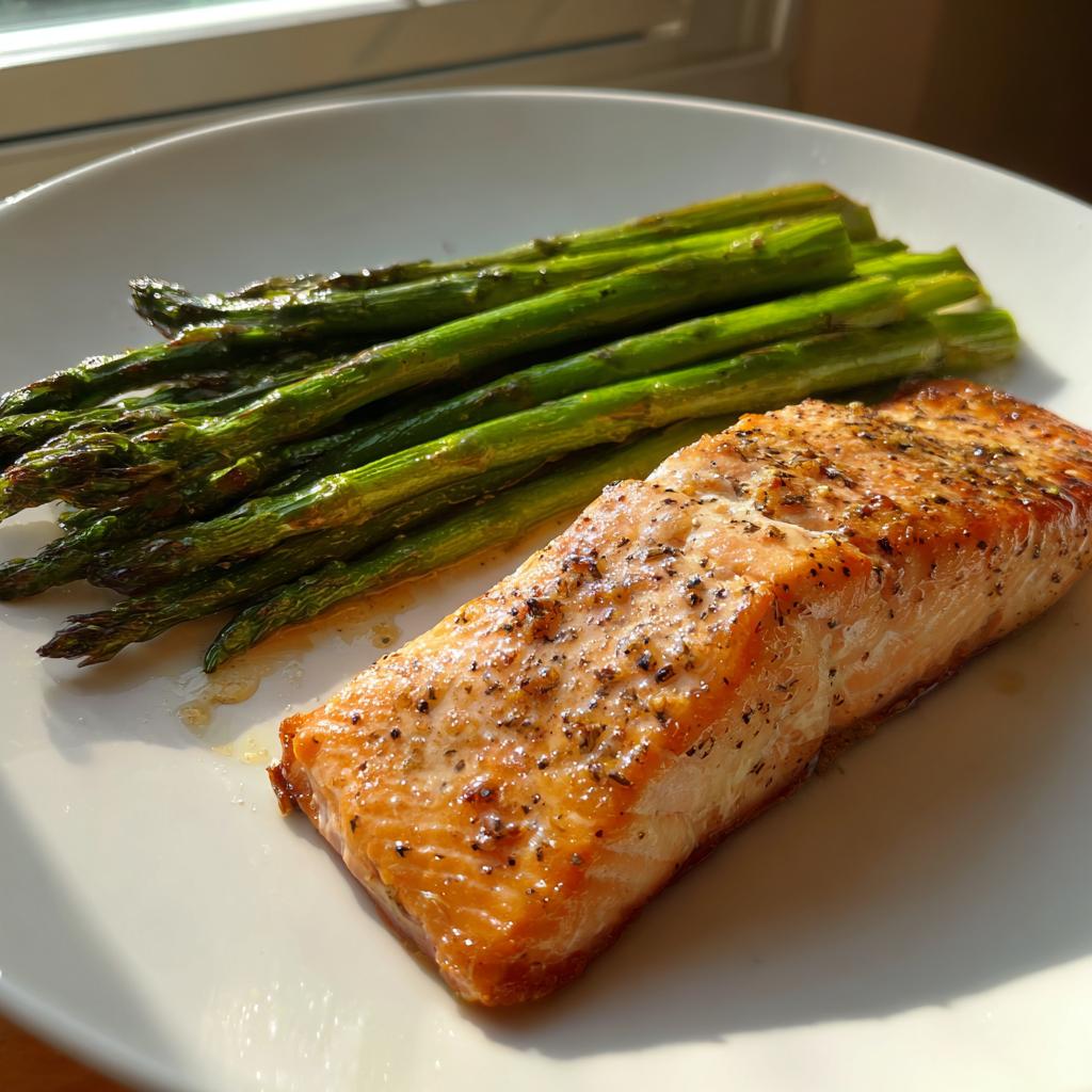 A perfectly cooked salmon fillet seasoned with pepper served alongside roasted asparagus, ideal for New Year Weight-Loss Dinner Ideas.