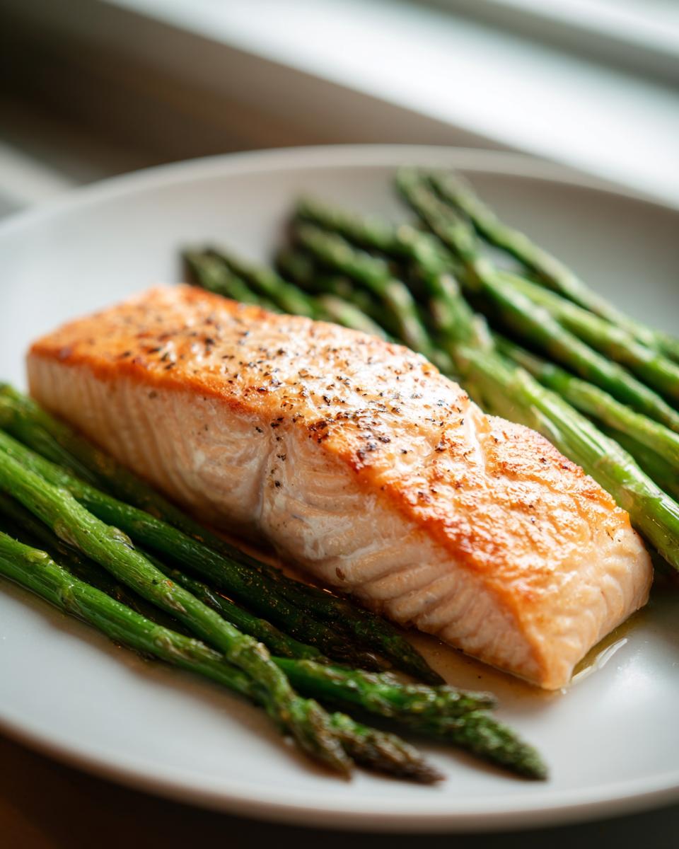 A perfectly cooked salmon fillet seasoned with pepper served alongside bright green roasted asparagus, ideal for New Year Weight-Loss Dinner Ideas.