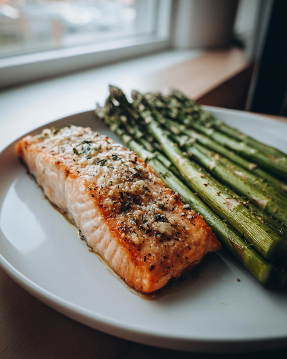 A perfectly cooked salmon fillet seasoned with garlic and herbs served next to bright green roasted asparagus, ideal for New Year Weight-Loss Dinner Ideas.