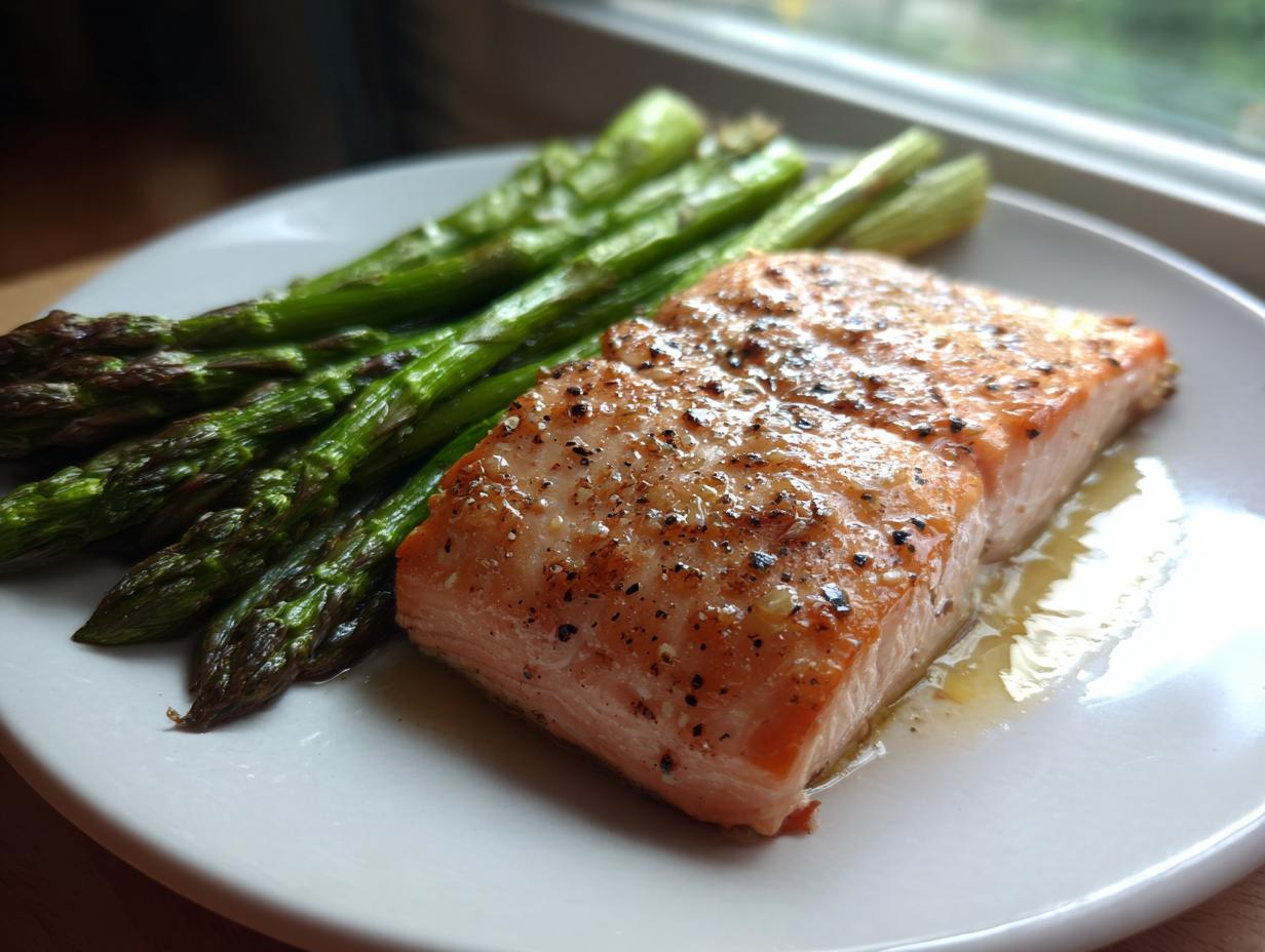 A perfectly cooked salmon fillet seasoned with pepper served alongside roasted asparagus, ideal for New Year Weight-Loss Dinner Ideas.