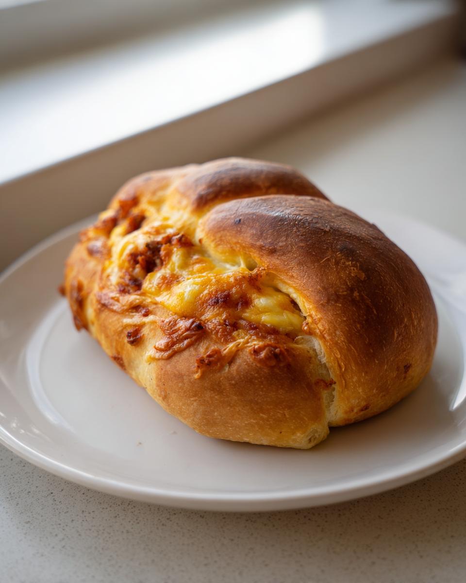 A golden-brown Sausage Egg Breakfast Roll, topped with melted cheese, resting on a white plate.