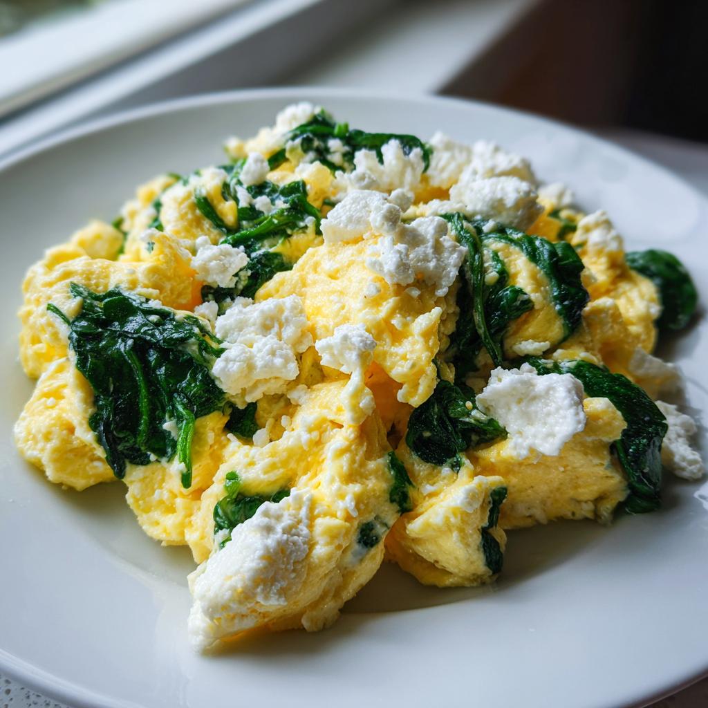 Fluffy scrambled eggs mixed with wilted spinach and topped with crumbled feta cheese, a perfect example of High-Protein Breakfast Ideas for 2025.