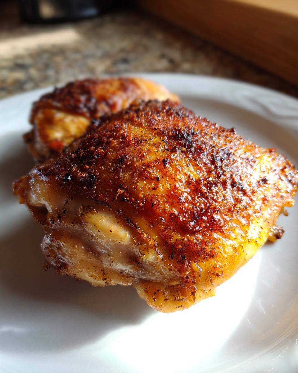 Close-up of two perfectly cooked, seasoned chicken thigh recipes with crispy, browned skin.